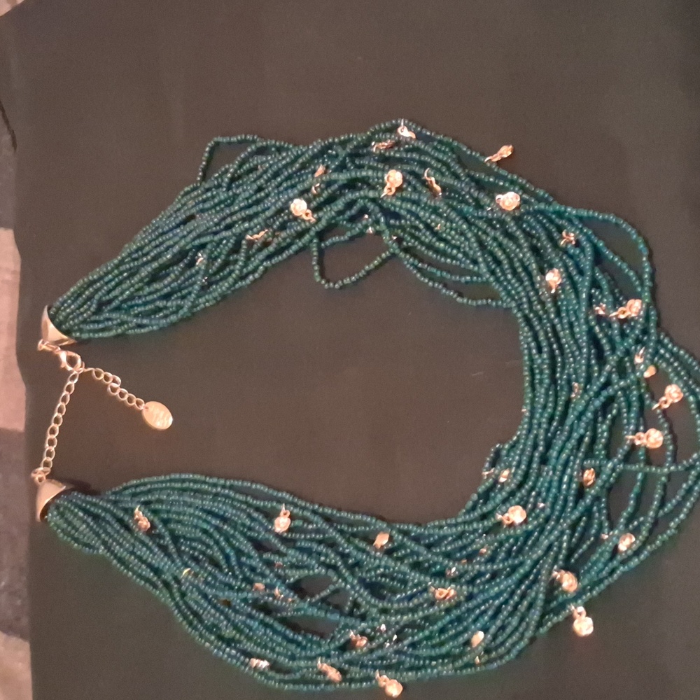 Time and Tru Teal Beaded Necklace with Gold Details